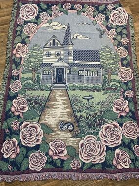 MWW Vintage Victorian House Rose Border Tapestry Throw